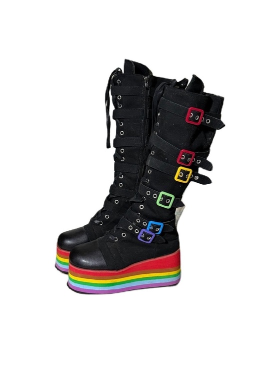 Shoes - Black Platform Rainbow-Striped Knee-High Boots with Colorful Buckles